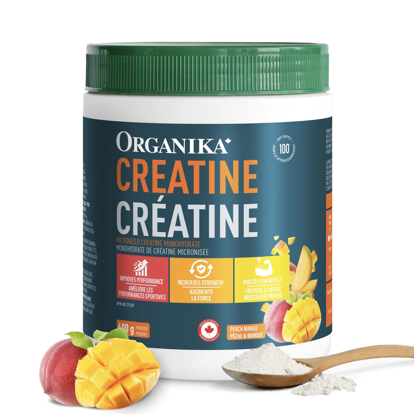 Organika Canadian-Made Creatine Powder- Peach Mango- Pure Micronized Creatine Monohydrate - Helps Build Lean Muscle, Increase Strength, and Improved Recovery and Performance for Men and Women - 600g