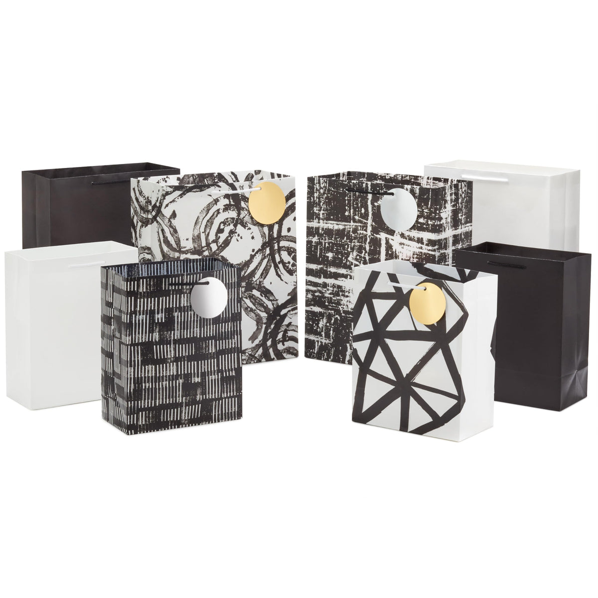 Hallmark Assorted Black and White Gift Bags (8 Bags: 4 Medium 9", 4 Large 13") for Weddings, Graduations, Retirements, Valentine's Day, Halloween