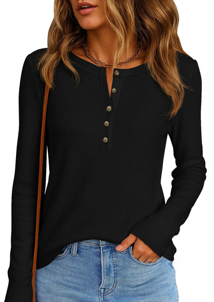 PRETTYGARDEN Women Long Sleeve Waffle Knit Shirt 2026 Spring Casual Button V Neck Loose Henley Tops Basic Tees Winter Clothes(Black,Medium) 🍁 All In One Marketplace Canada