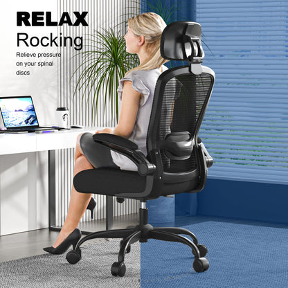 Mimoglad Office Chair, Comfy Desk Chair - High Back Ergonomic Computer Chair with Adjustable Lumbar Support & Headrest, Flip-up Armrests for Guitar Playing (Black(Black Frame))