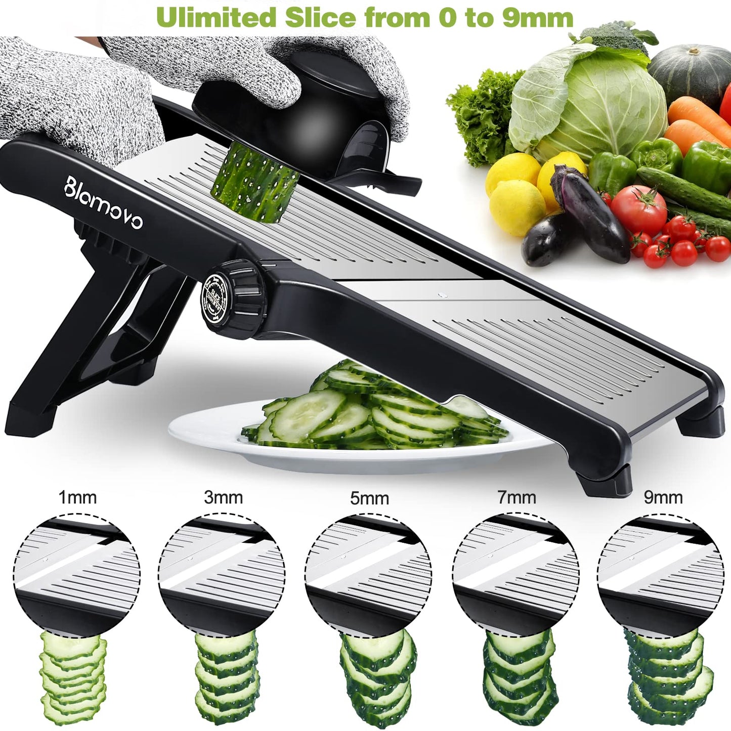 Blamovo Mandoline Slicer for Kitchen, Vegetable Mandolin Slicer with Adjustable Thickness by One-Knob Control, Veggie Fruit Potato Slicer Julienne, with Safety Gloves - Available at All In One Marketplace Canada