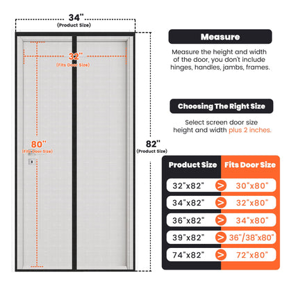 Magnetic Screen Door 34"W x 82"H, Fits Door Size to 32"W x 80"H, Heavy Duty Fiberglass Moustiquaire Magnétique, Screen Mesh with Automatic Block Closure, Walk Through Easily for Kids Pets
