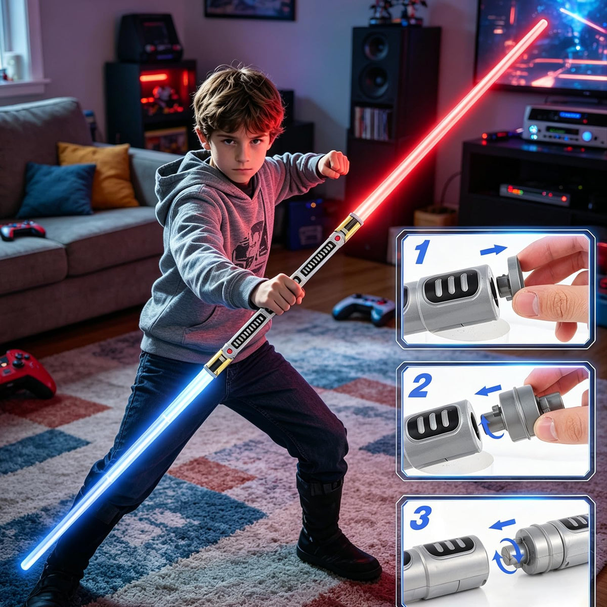 Light Up Saber for Kids 2 in 1 Retractable 7 Colors LED Light Sword Toy with Motion Sensitive FX Sound for Christmas, Halloween, Galaxy War Fighters 2 Pack 🍁 All In One Marketplace Canada