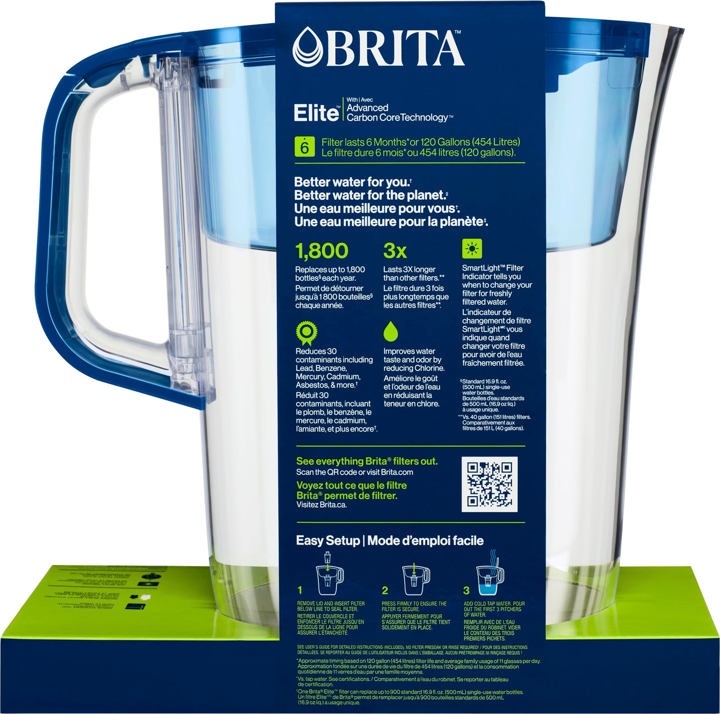 Brita 10 Cup Elite Filter Pitcher with Smart Light Indicator, Reduces 30+ Contaminants including Lead and Microplastics, Filter lasts 6 months, Tahoe, Blue - Available at All In One Marketplace Canada