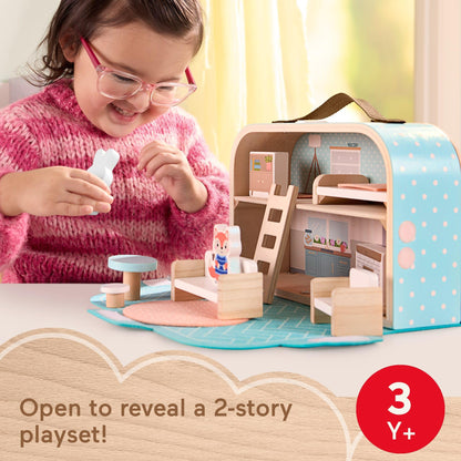 Fisher-Price Wood Pretend Play Toy Dollhouse Carry Along, 15-Piece Wooden Portable Playset for Travel Preschool Kids Ages 3+ Years