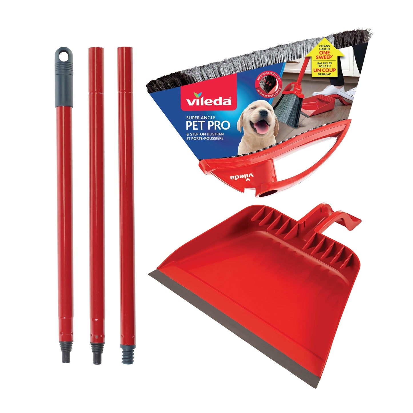 Vileda Pet Pro Broom with Step-On Dustpan and 3-Piece Handle | Remove 99% Dust and Dirt in One Sweep - Available at All In One Marketplace Canada