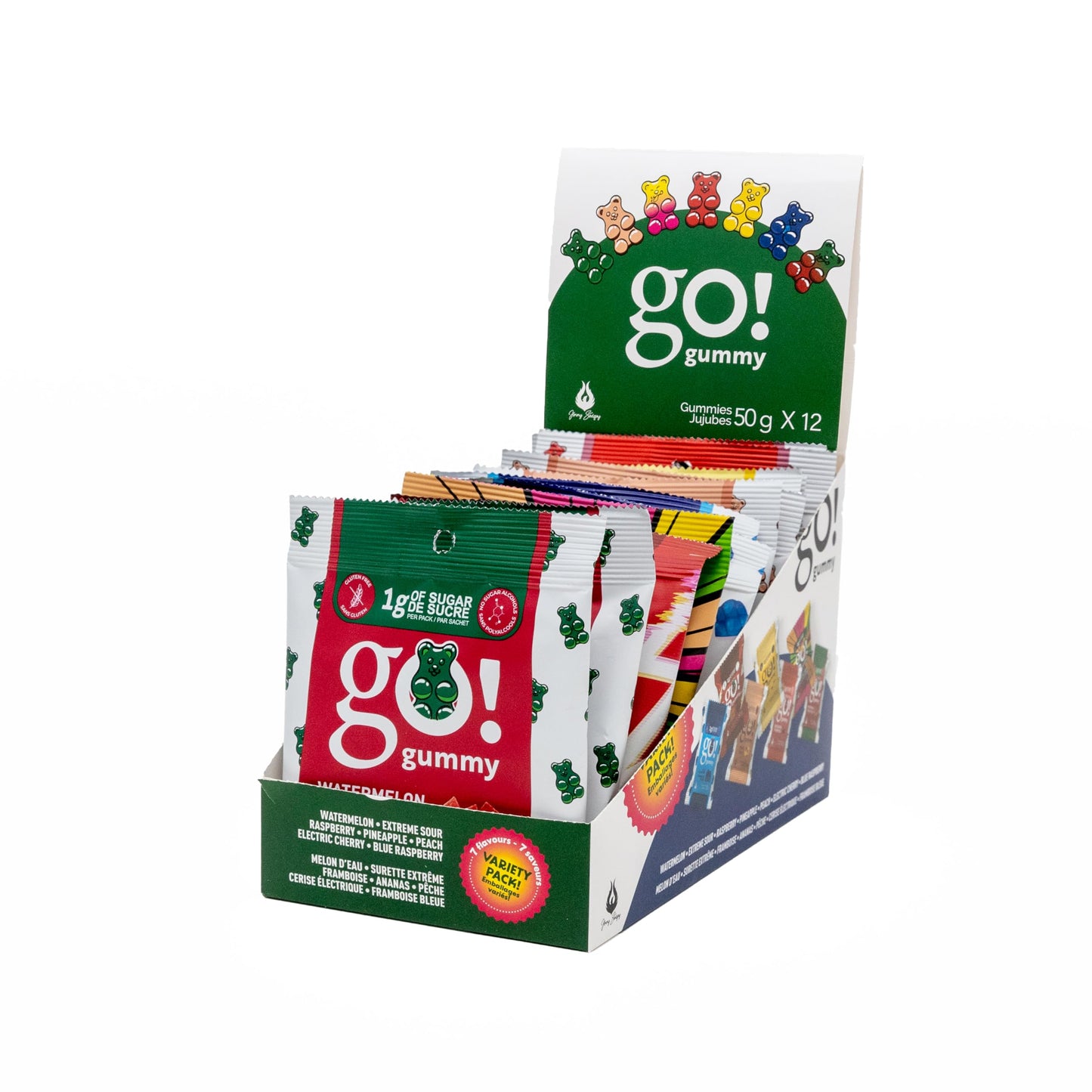 Jimmy Sevigny GoGummy Low Sugar Gummy Bears - 7 Flavor Variety Pack, High Fiber, Gluten-Free (12 x 50g Bags)