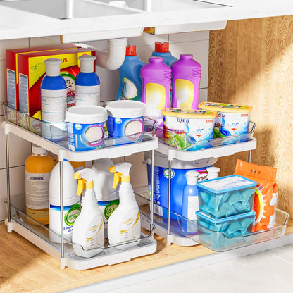 Delamu 2-Tier Multi-Purpose Bathroom Under Sink Organizers and Storage, Stackable Kitchen Pantry Organization, Pull Out Medicine Cabinet Organizer with Movable Dividers, White, 2 Pack - Available at All In One Marketplace Canada