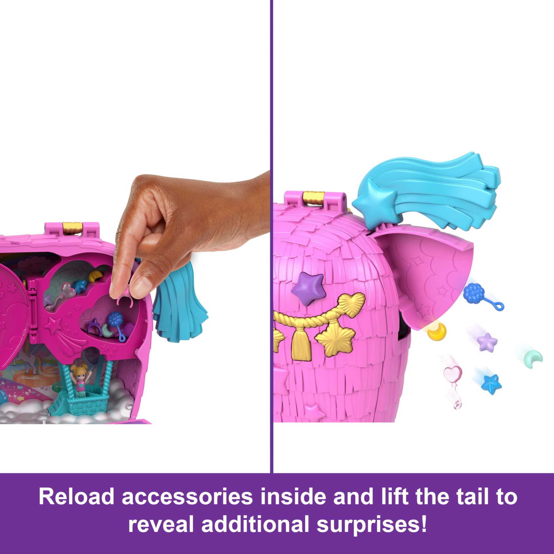 Polly Pocket Dolls & Playset with Pets & 25+ Surprise Accessories, Birthday Celebration Unicorn Partyland Playset, Hot Air Balloon Ride Mattel