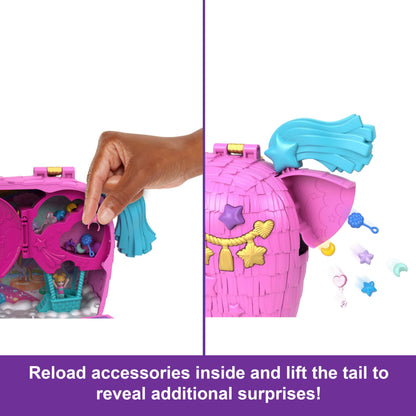 Polly Pocket Dolls & Playset with Pets & 25+ Surprise Accessories, Birthday Celebration Unicorn Partyland Playset, Hot Air Balloon Ride Mattel