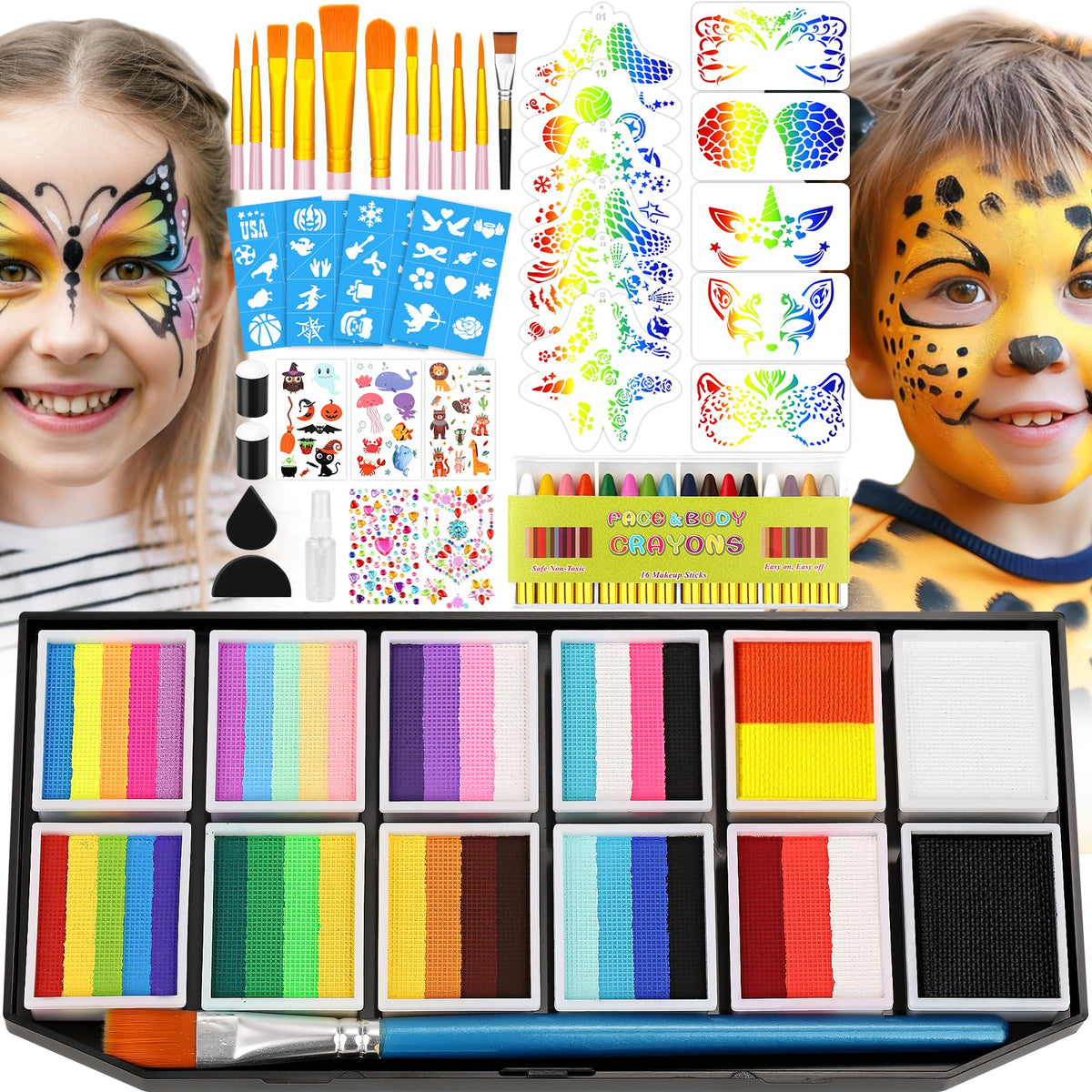 Face Painting Kit Professional for Kids Adults,12 x 10g Split Cake Face Paint Palette Water Activated Face Paint with Stencil Brush Sponge, Rainbow Facepaint Makeup Kit for Halloween Party Body Paint 🍁 All In One Marketplace Canada