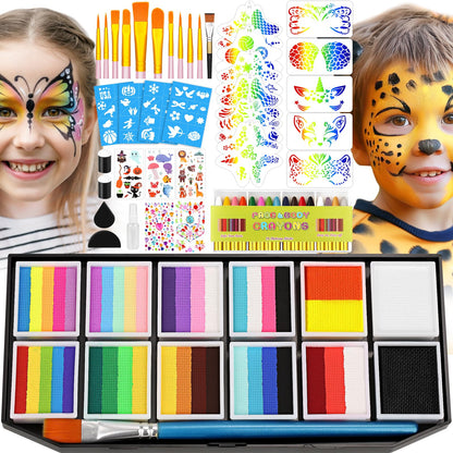 Face Painting Kit Professional for Kids Adults,12 x 10g Split Cake Face Paint Palette Water Activated Face Paint with Stencil Brush Sponge, Rainbow Facepaint Makeup Kit for Halloween Party Body Paint 🍁 All In One Marketplace Canada