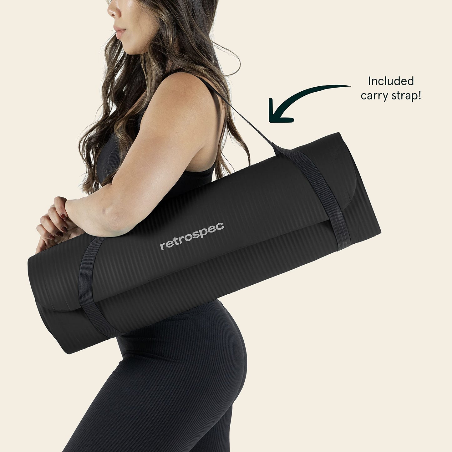 Retrospec Solana Yoga Mat 1" And 1/2" Thick With Nylon Strap for Men And Women - Non Slip Exercise Mat For Home Yoga, Pilates, Stretching, Floor And Fitness Workouts , Black