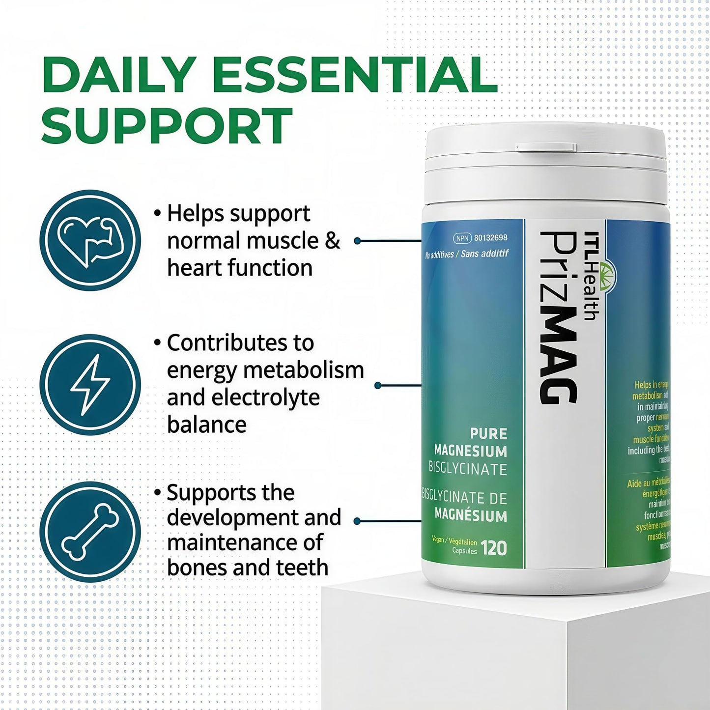 PrizMAG Pure Magnesium Bisglycinate, Magnesium Glycinate, 380mg of Mag Per Serving | Supports Muscle & Bone Health - Gentle on Digestion & High Absorption | Made in Canada - 120 Capsules - Available at All In One Marketplace Canada