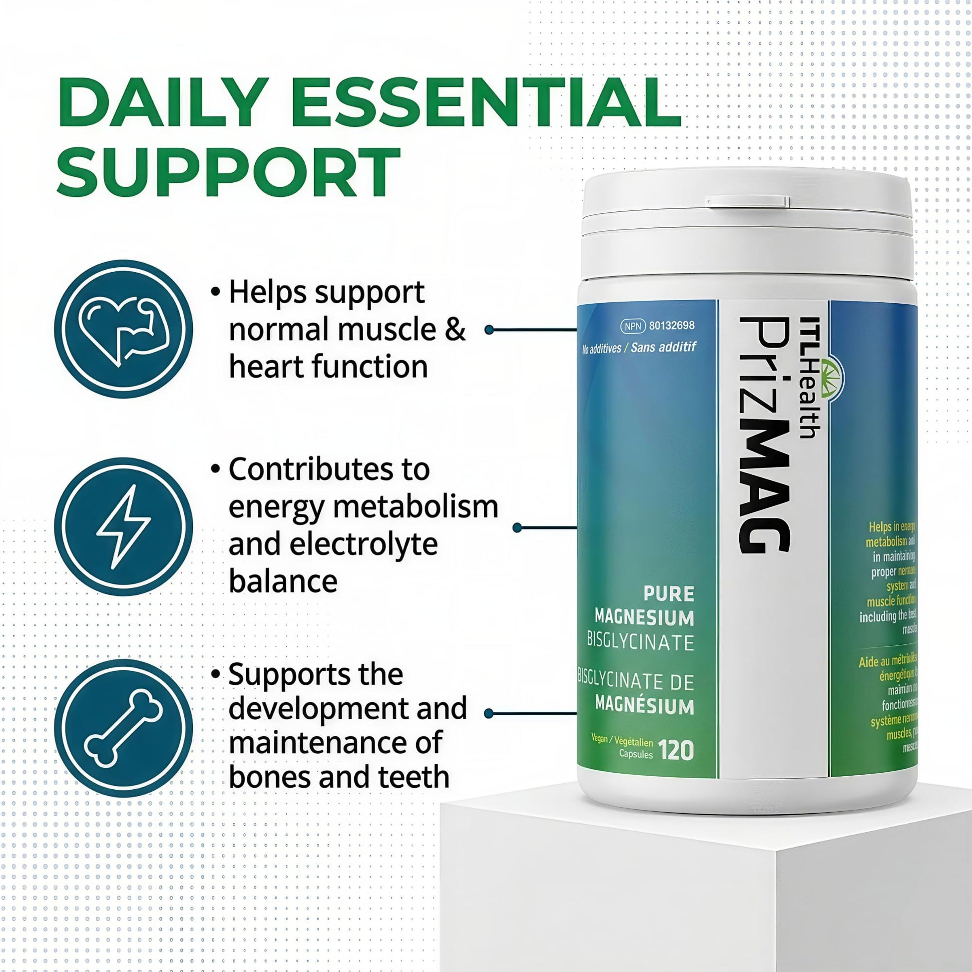 PrizMAG Pure Magnesium Bisglycinate, Magnesium Glycinate, 380mg of Mag Per Serving | Supports Muscle & Bone Health - Gentle on Digestion & High Absorption | Made in Canada - 120 Capsules - Available at All In One Marketplace Canada