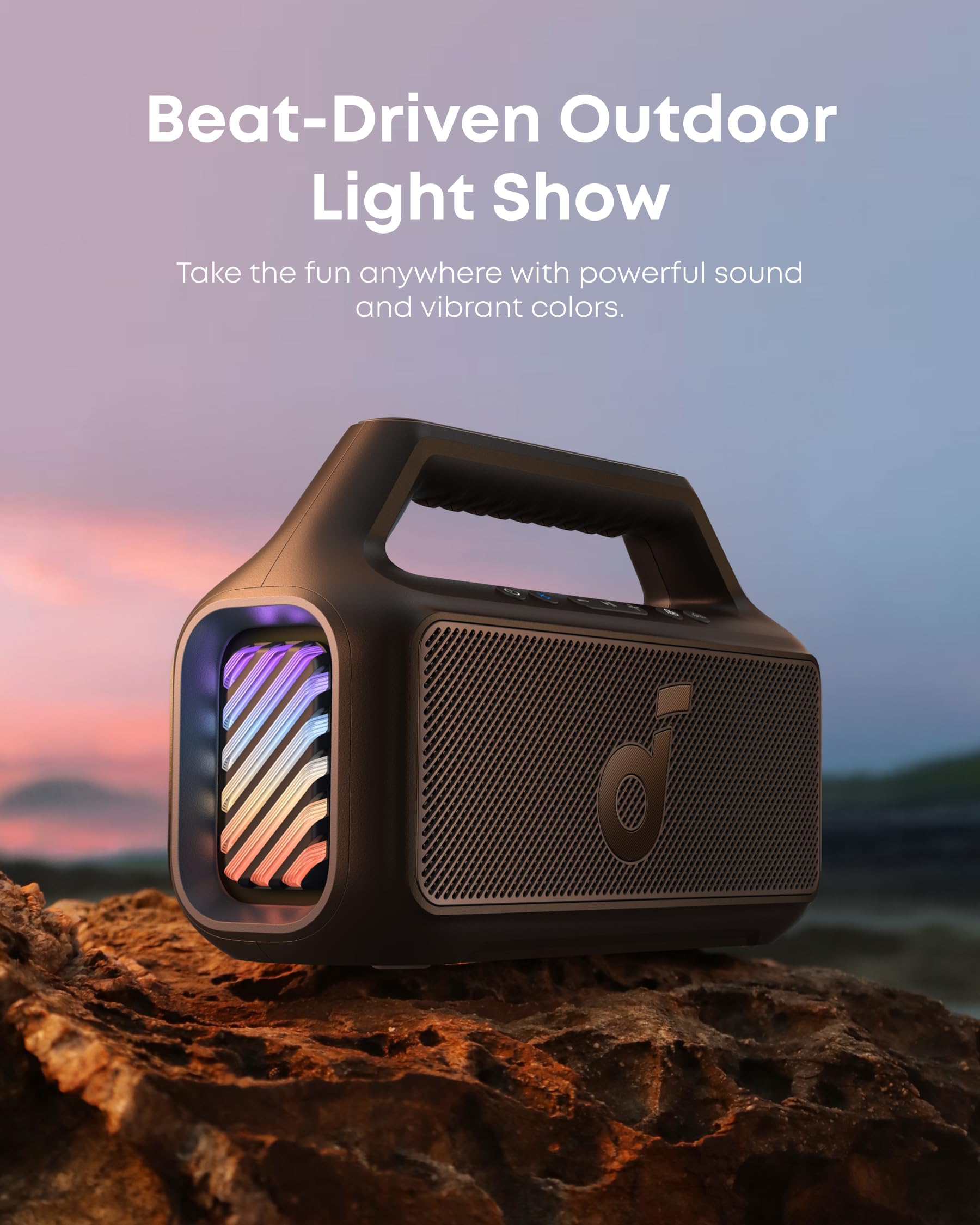 soundcore Boom 2 Outdoor Speaker, 80W, Subwoofer, BassUp 2.0, 24H Playtime, IPX7 Waterproof, Floatable, RGB Lights, USB-C, Custom EQ, Bluetooth 6.0, Portable, Camping, Beach, and Backyard-Black