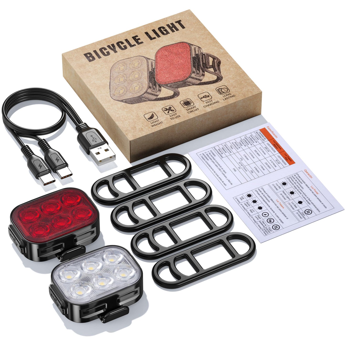 Bike Lights, Combination of Bike Front Light and Tail Light, IP65 Waterproof USB Charging, Equipped with 6 Ultra-Bright LED Beads, 4+6 Lighting Modes, Suitable for Riding at Night