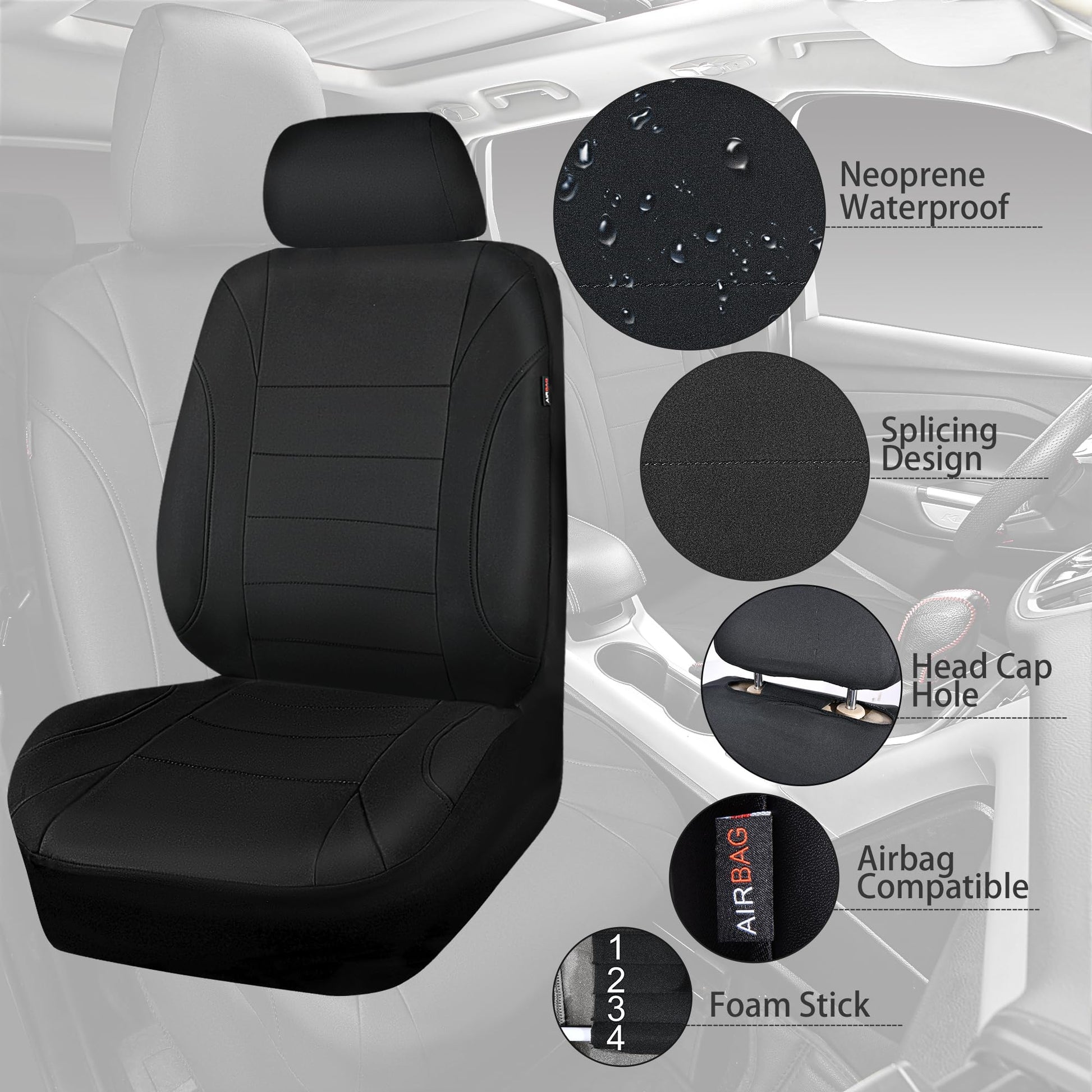 CAR Pass Neoprene Waterproof Two Front Car Seat Covers Set- Universal Fit for Vehicles, Airbag Compatiable(Black)