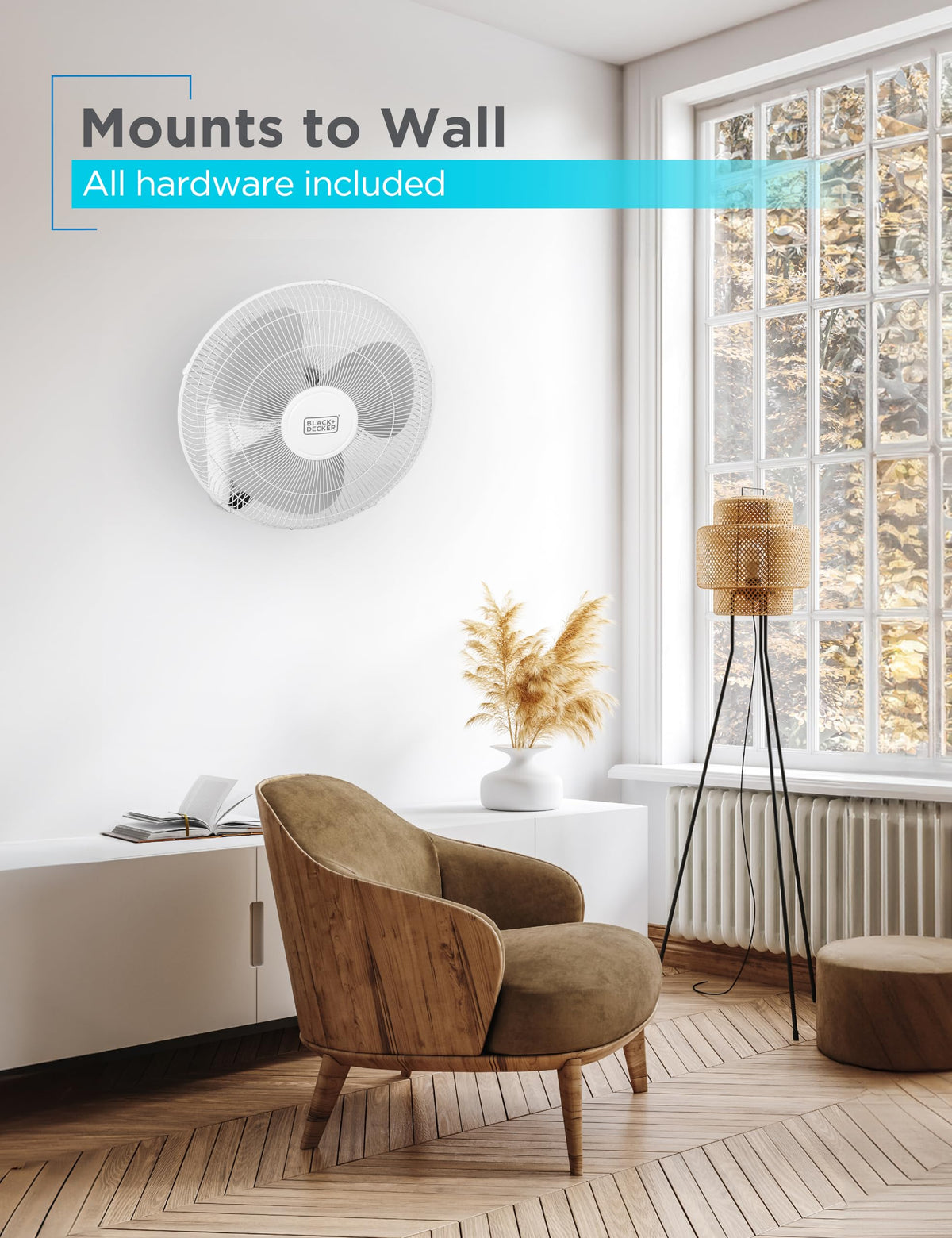 BLACK+DECKER 16" Wall Mount Fan With Remote Control, Oscillating With 3 Speed Settings and Shut Off Timer, Adjustable Tilt Angle, White