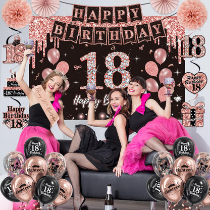 50Pcs 18th Birthday Decorations for Her, Rose Gold&Black Pre-Assembled Set. 🍁 All In One Marketplace Canada