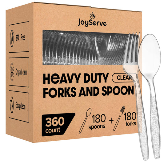 Plastic Forks and Spoons Set - (Bulk Pack 360 Pcs) Clear Plastic Cutlery Utensils Heavy Duty, 180 Forks and 180 Spoons, Silverware Sets for Party Supplies, Dinners, Take-Out, Catering, Food Services - Available at All In One Marketplace Canada