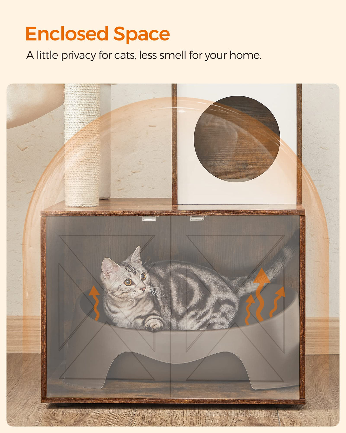 Feandrea WoodyWonders Cat Tree with Litter Box Furniture Hidden Enclosure, 2-in-1 Modern Tower, Cat Condo with Scratching Posts, Removable Pompom Sticks, Rustic Brown UPCT113X01