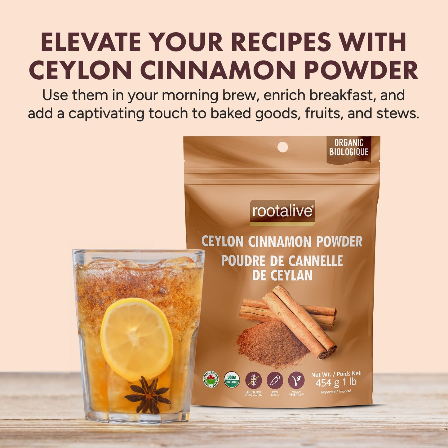 Rootalive Organic Ceylon Cinnamon Powder 454g (1lb) – Pure, Raw & Certified Organic