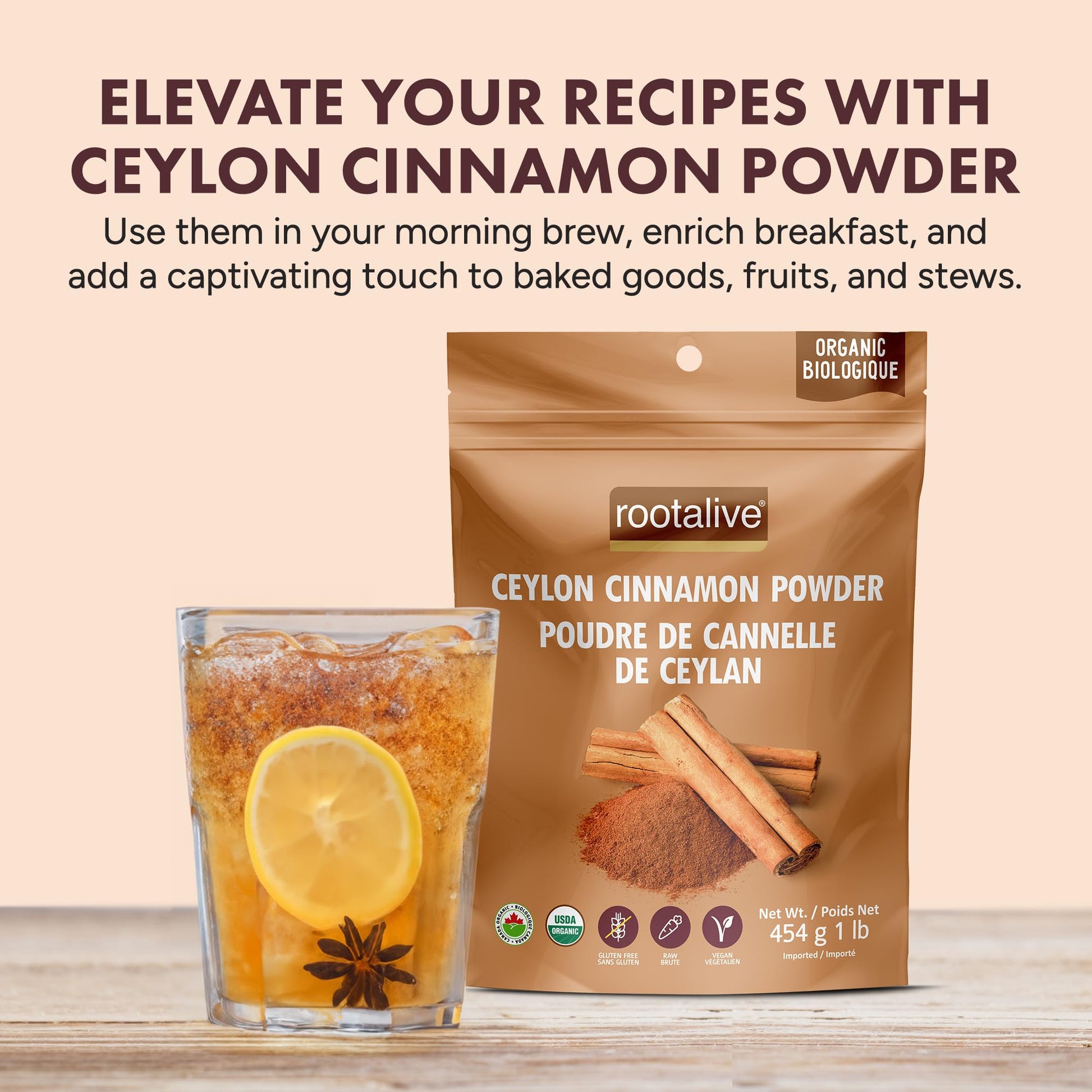 Rootalive Organic Ceylon Cinnamon Powder 454g (1lb) – Pure, Raw & Certified Organic