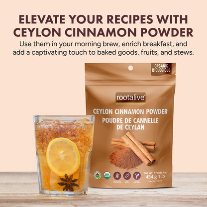 Rootalive Organic Ceylon Cinnamon Powder 454g (1lb) – Pure, Raw & Certified Organic