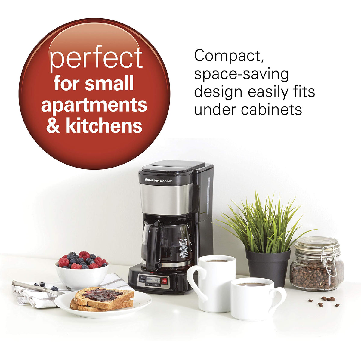 Hamilton Beach 5 Cup Compact Programmable Coffee Maker, FrontFill Water Reservoir, Small Drip Coffee Maker with Glass Carafe, Auto Pause & Pour, Space-Saving Design, Black & Stainless Steel (46111)