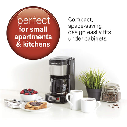 Hamilton Beach 5 Cup Compact Programmable Coffee Maker, FrontFill Water Reservoir, Small Drip Coffee Maker with Glass Carafe, Auto Pause & Pour, Space-Saving Design, Black & Stainless Steel (46111)