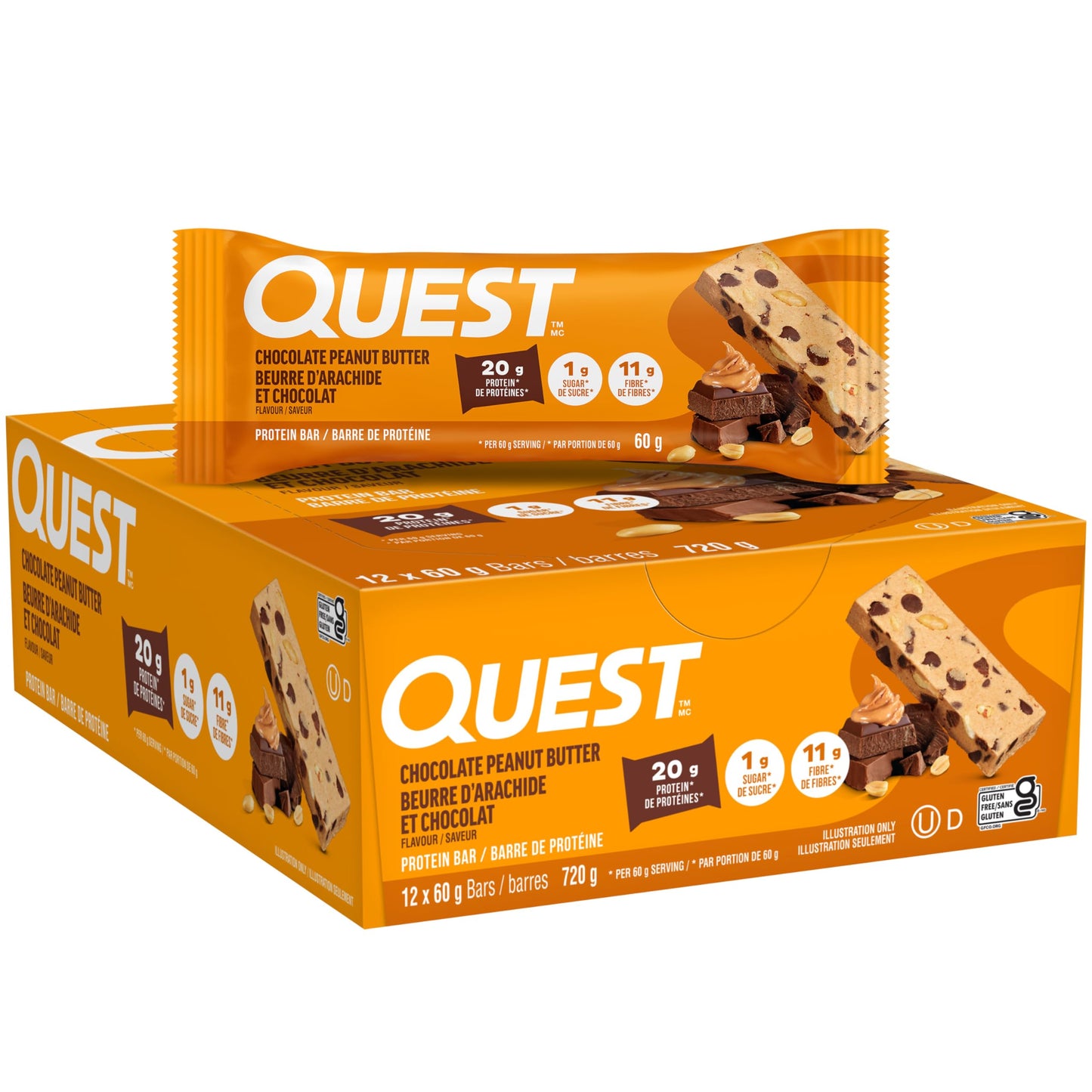 Quest Nutrition Chocolate Peanut Butter Flavored Protein Bar, High Protein, Gluten Free, 12ct 🍁 All In One Marketplace Canada