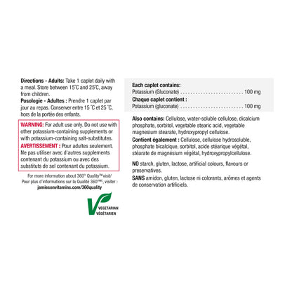 Jamieson Extra Strength Potassium 100 mg Timed Release, 100 Caplets, Supports Muscle & Nerve Function, Electrolyte Support, Helps Prevent Potassium Deficiency. Vegetarian, Proudly Canadian - Available at All In One Marketplace Canada