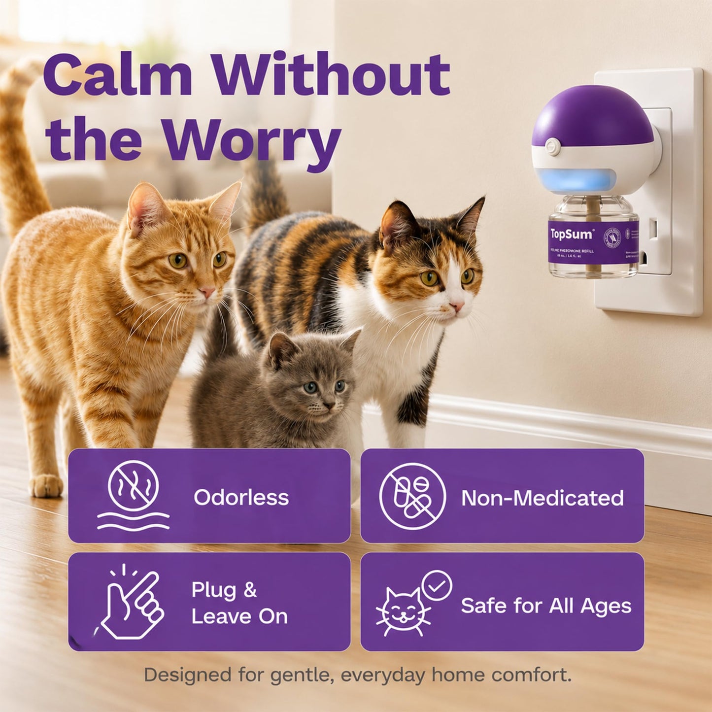 TopSum Cat Pheromone Diffuser: Cat Calming Diffuser for Spraying, Scratching, Excessive Meowing & Multi-Cat Homes, Ideal for Cats Alone at Home - VHP Registered NN.Z4H1 (6 Refills)