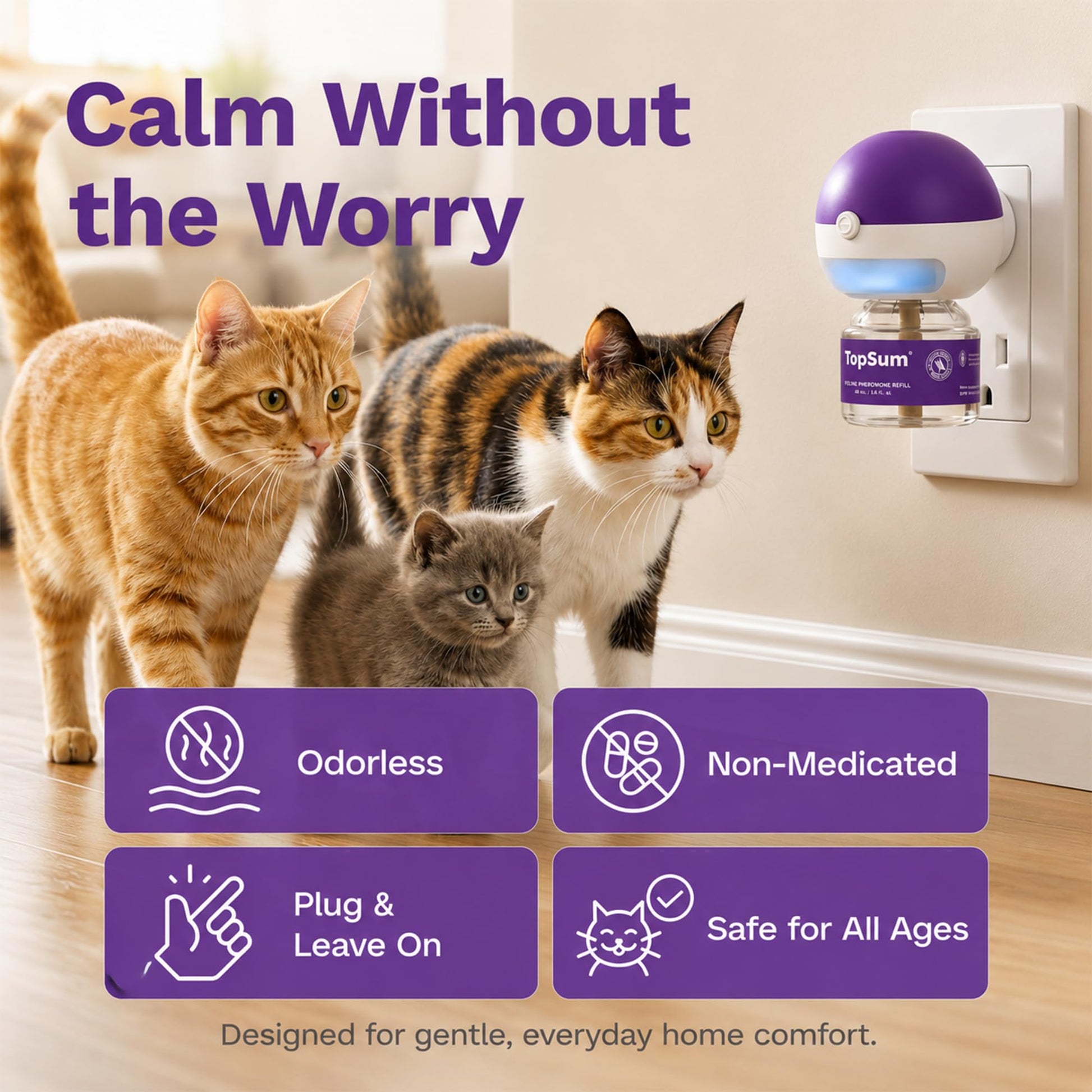 TopSum Cat Pheromone Diffuser: Cat Calming Diffuser for Spraying, Scratching, Excessive Meowing & Multi-Cat Homes, Ideal for Cats Alone at Home - VHP Registered NN.Z4H1 (6 Refills)