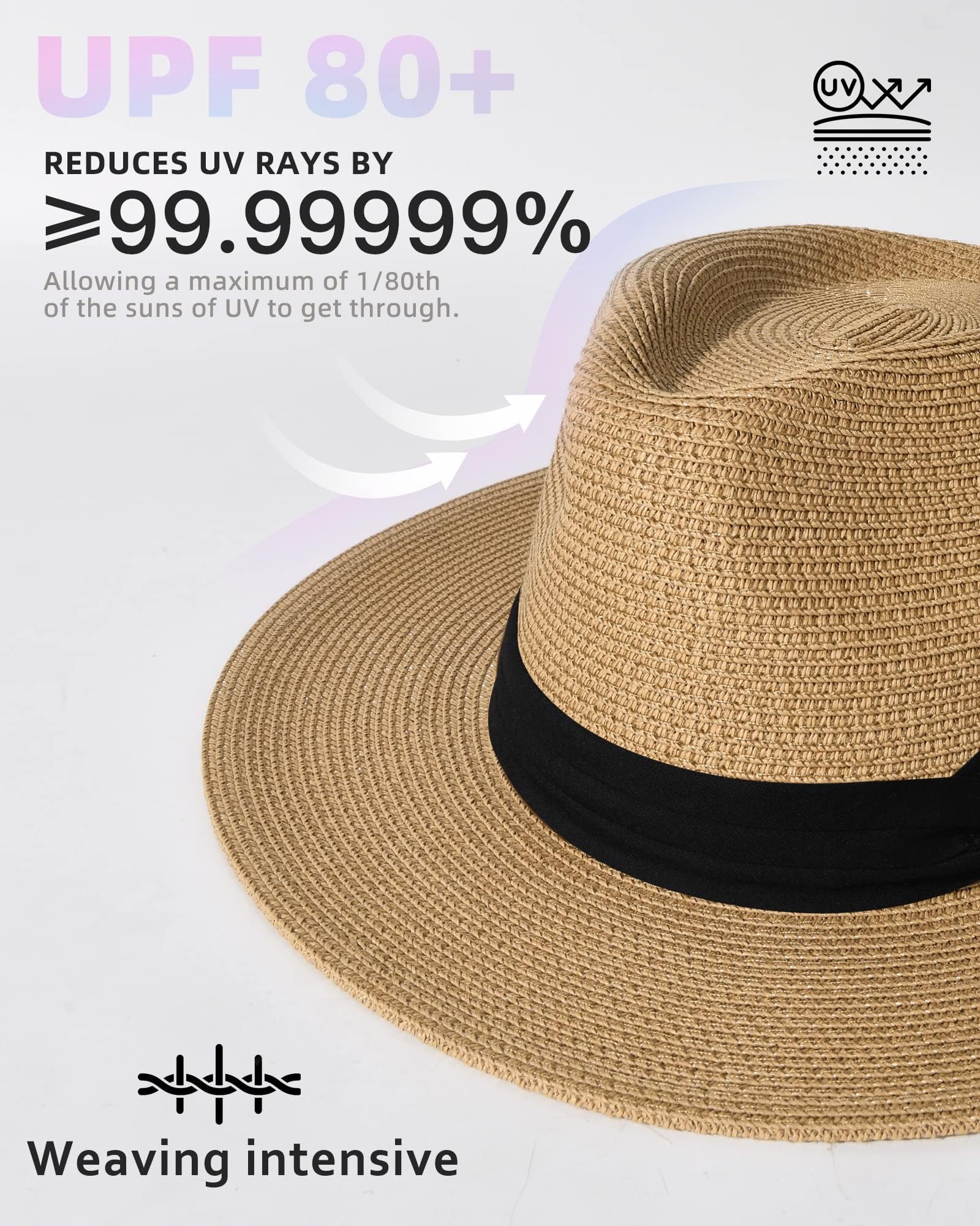 FURTALK Womens Mens Wide Brim Straw Panama Hat Fedora Summer Beach Sun Hat UPF Straw Hat for Women Khaki-Black
