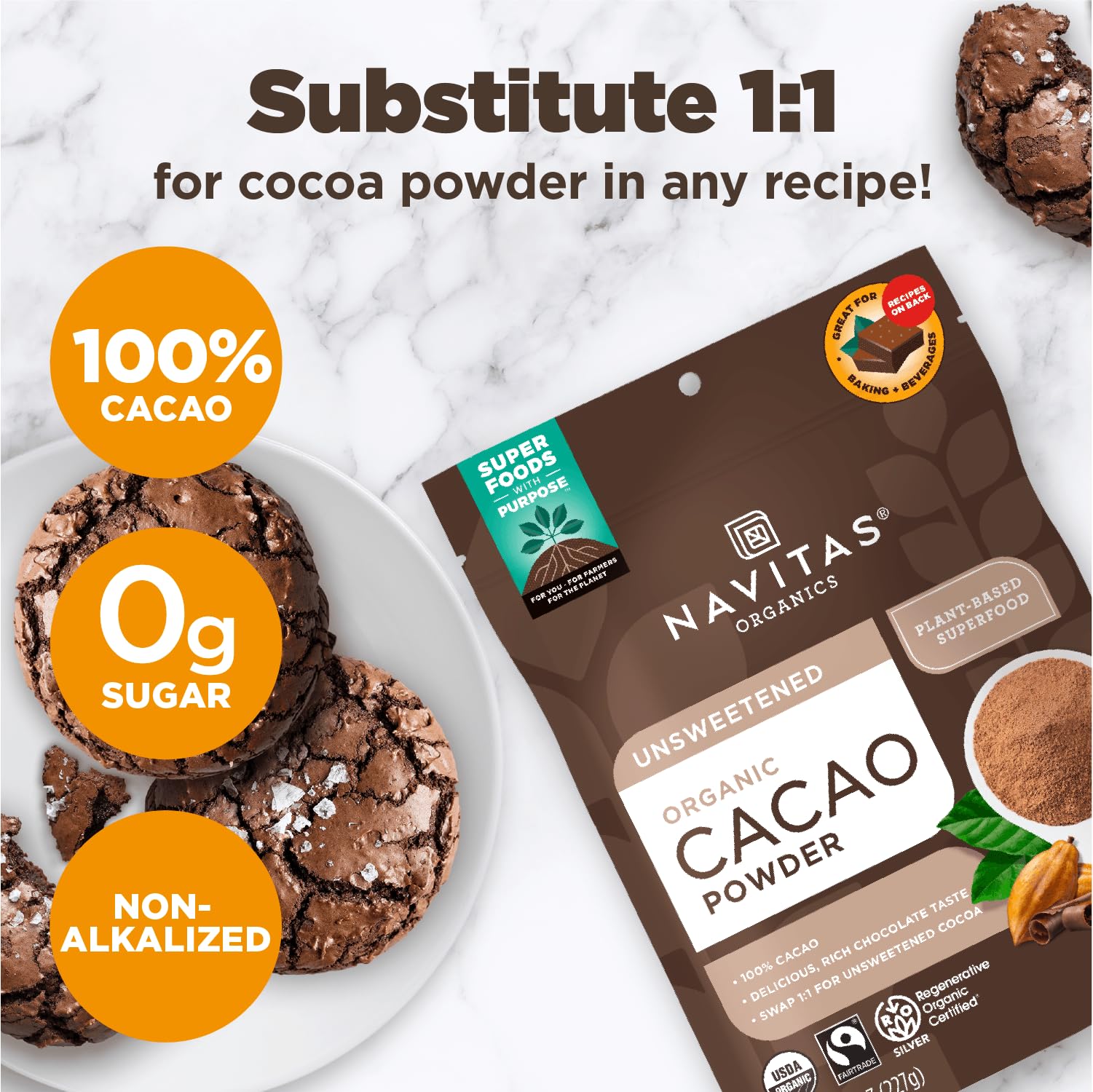 Navitas Organics Cacao Powder, 8oz. Pouch(packaging may vary)