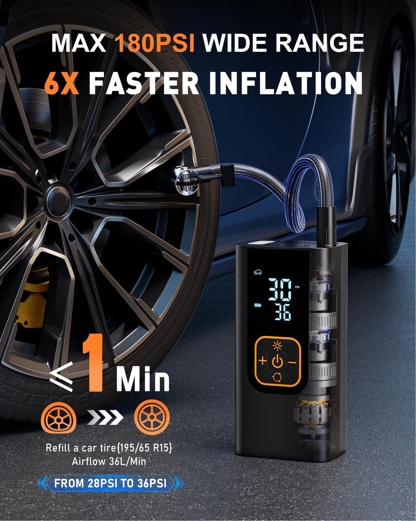 QKMPOM 180PSI Tire Inflator Portable Air Compressor, 6X Faster Air Pump for Car Tires with Digital Pressure Gauge, 12V DC Adapter, LED Light, Portable Tire Inflator for Car, Motorcycle, Bike, Balls