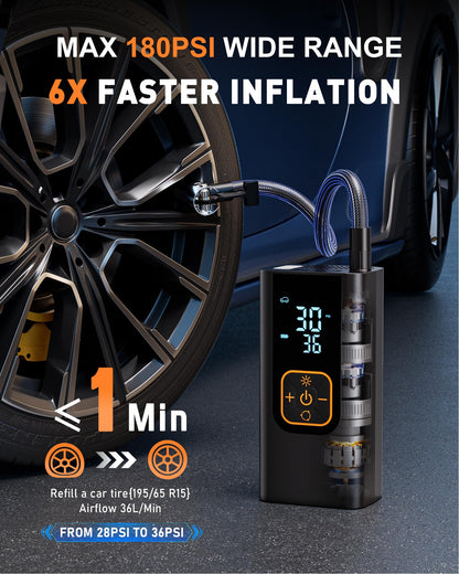 QKMPOM 180PSI Tire Inflator Portable Air Compressor, 6X Faster Air Pump for Car Tires with Digital Pressure Gauge, 12V DC Adapter, LED Light, Portable Tire Inflator for Car, Motorcycle, Bike, Balls