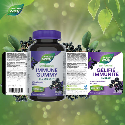 Nature's Way Sambucus Immune Support Gummies – Elderberry with Vitamin C & Zinc – Supports Immune Function and Relieves Cold & Flu Symptoms – Vegetarian, Gluten-Free for Adults & Kids 4+ – 60 Gummies - Available at All In One Marketplace Canada