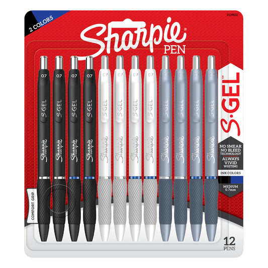 Sharpie S-Gel, Gel Pens, Medium Point (0.7mm), Black and Blue Gel Ink Pens, 12 Count