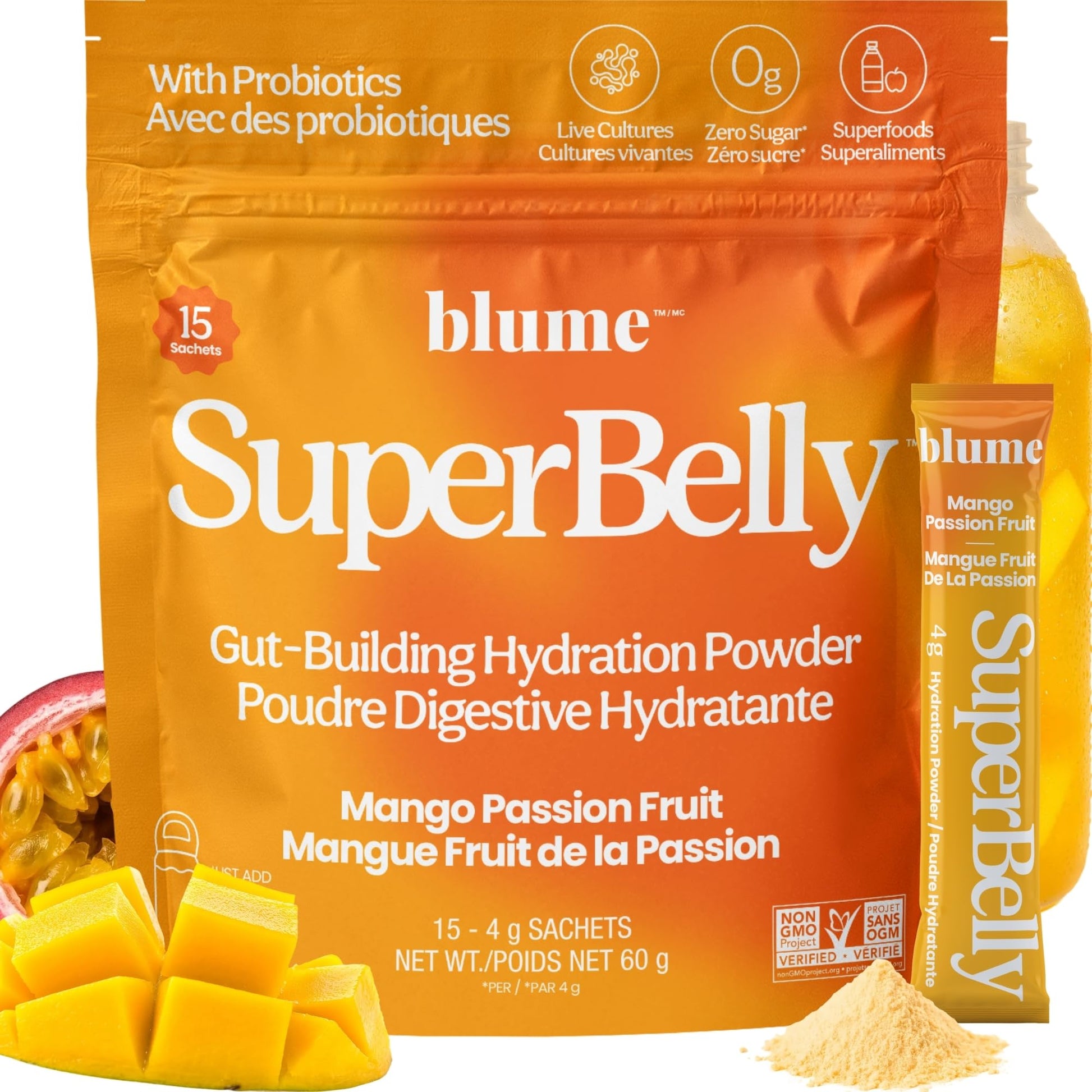 Blume SuperBelly Packets – Sugar-Free Mango Passion Fruit with Fermented Apple Cider Vinegar, 15 Sticks