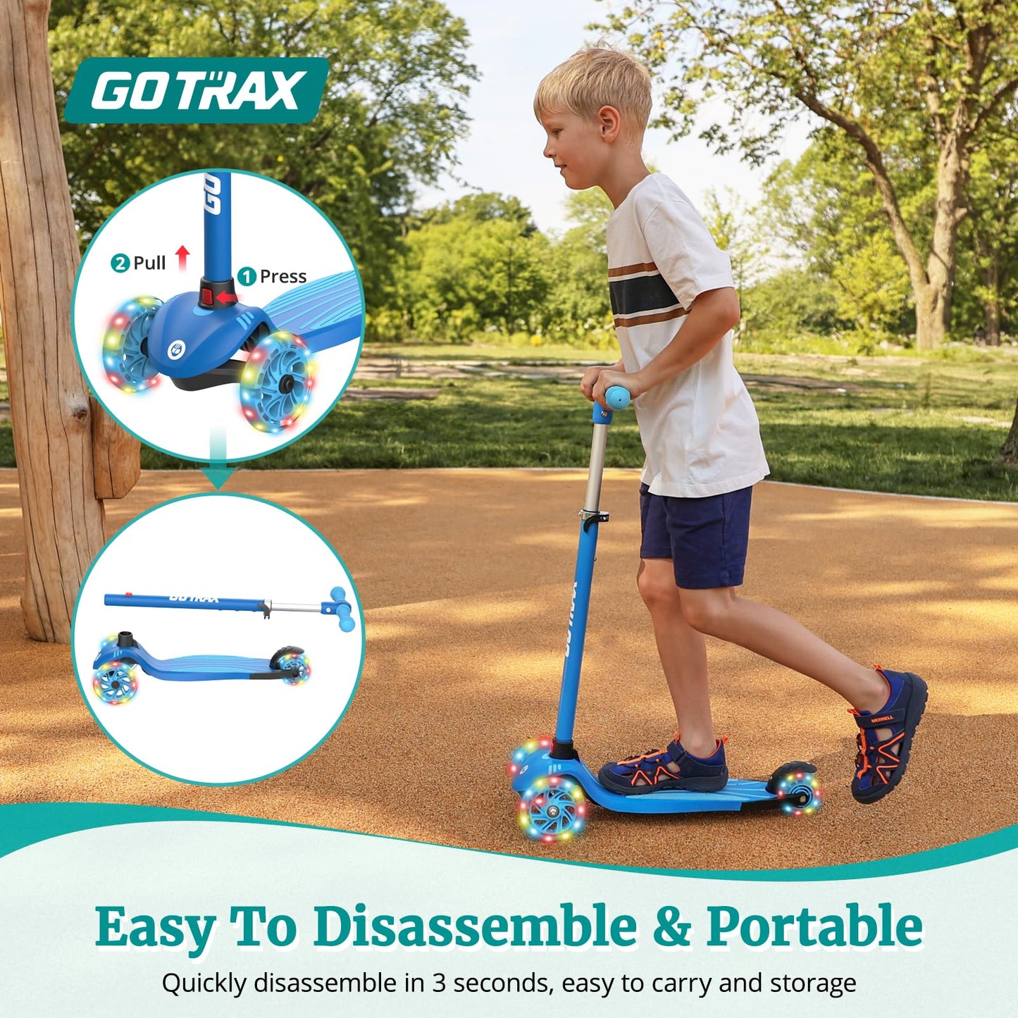 Gotrax KS1 Kids Kick Scooter, LED Lighted Wheels and 3 Adjustable Height Handlebars, Lean-to-Steer & Widen Anti-Slip Deck, 3 Wheel Scooter for Boys & Girls Ages 3+ and up to 50 Kg (Blue)