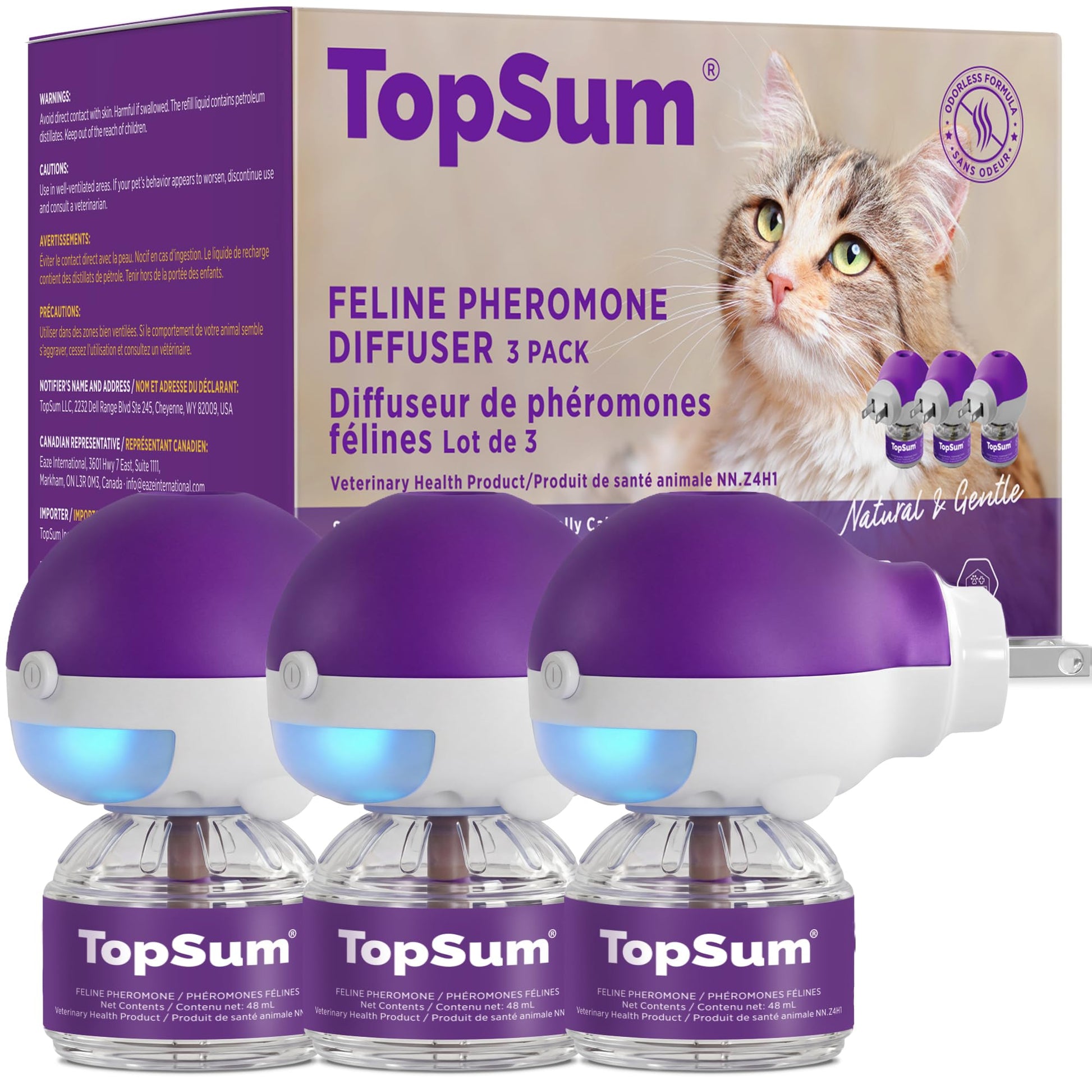 TopSum Cat Pheromone Diffuser: Cat Calming Diffuser for Spraying, Scratching, Excessive Meowing & Multi-Cat Homes, Ideal for Cats Alone at Home - VHP Registered NN.Z4H1 (3 Diffusers+3 Refills)