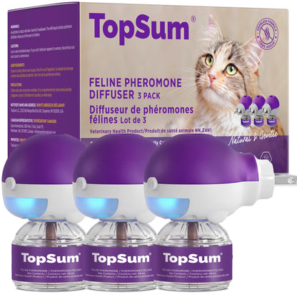 TopSum Cat Pheromone Diffuser: Cat Calming Diffuser for Spraying, Scratching, Excessive Meowing & Multi-Cat Homes, Ideal for Cats Alone at Home - VHP Registered NN.Z4H1 (3 Diffusers+3 Refills)