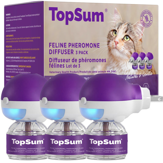 TopSum Cat Pheromone Diffuser: Cat Calming Diffuser for Spraying, Scratching, Excessive Meowing & Multi-Cat Homes, Ideal for Cats Alone at Home - VHP Registered NN.Z4H1 (3 Diffusers+3 Refills)