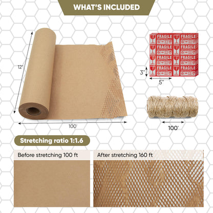 ecoducer 12”x100’ Honeycomb Packing Paper Moving Supplies. Eco Friendly Bubble Paper Wrap Roll for Packing Fragile Items. Packaging Sheets for Moving. Kraft Paper Shipping Supplies.