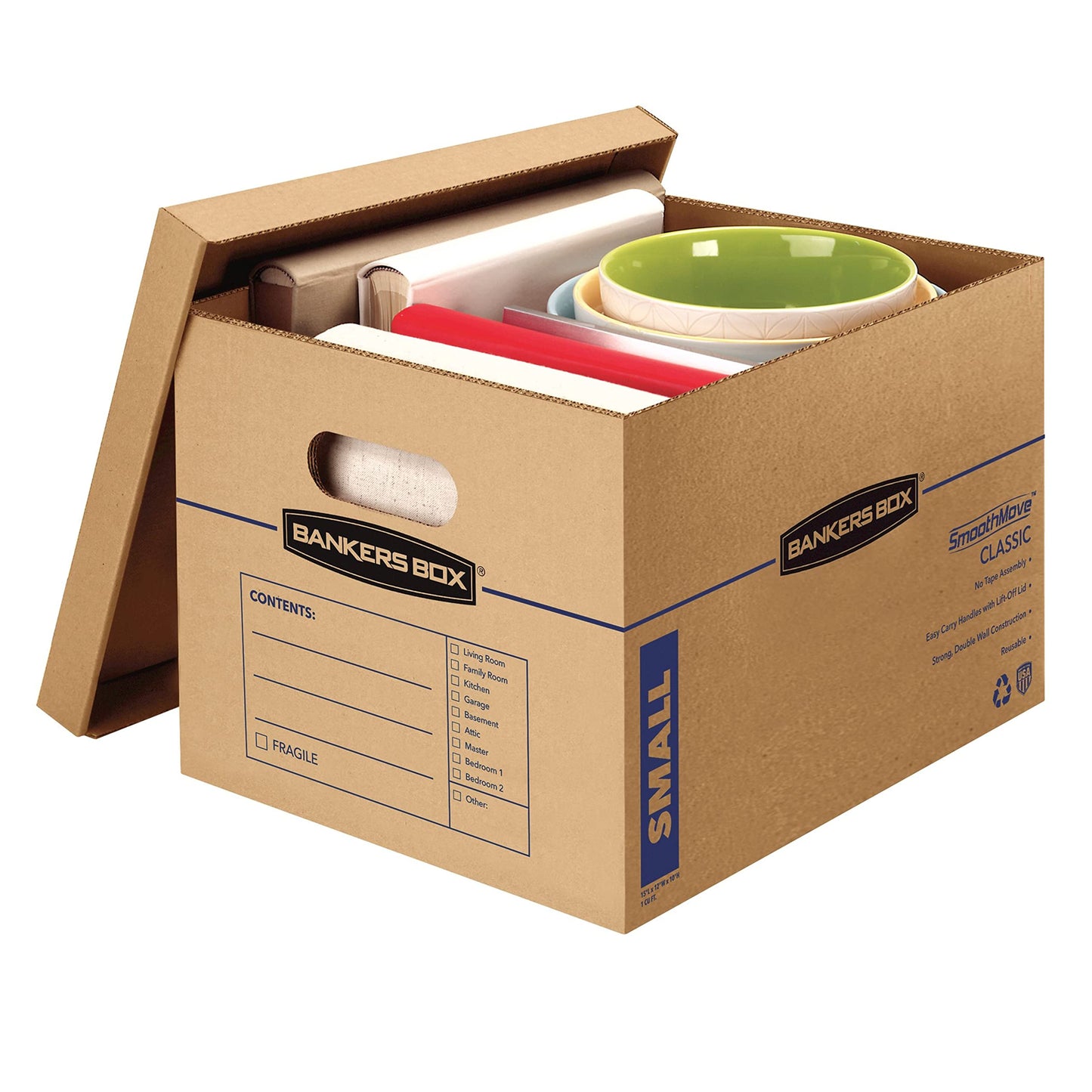 Bankers Box SmoothMove Moving Boxes with No-Tape Assembly, Lift -Off Lids And Easy-Carry Handles, 10" x 12" x 15", 10 Pack (7714219)