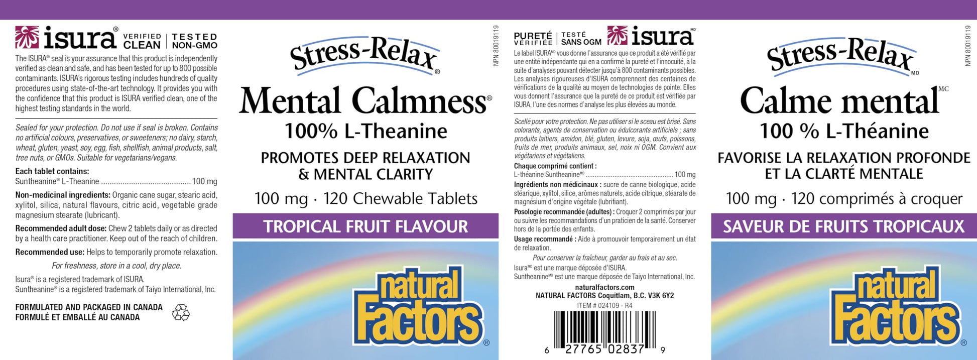 Natural Factors Stress Relax Mental Calmness, 120 Chewable Tablets, Tropical Fruit Flavour, Suntheanine L Theanine 100 mg, Promotes Deep Relaxation, Stress Relief, Proudly Canadian - Available at All In One Marketplace Canada