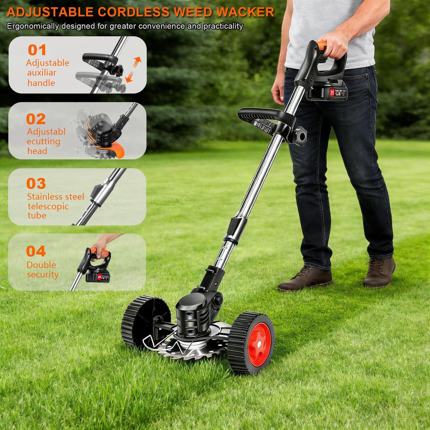 21V Cordless Weed Wacker for Thick Weeds, Lawn & Yard, 3-in-1 String Trimmer/Edger/Brush Cutter with 2 Batteries, 4 Blades & Wheels, 90° Pivot Head, Adjustable Height, Lightweight Easy for Homeowners - Available at All In One Marketplace Canada